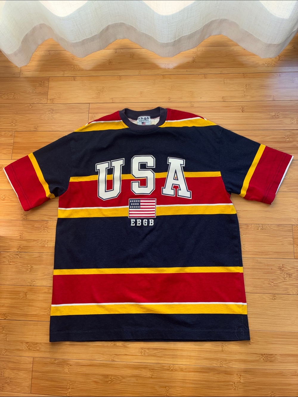 Vintage 1990s e.b.g.b. USA Striped Graphic T-Shirt Made in USA Men’s Medium
